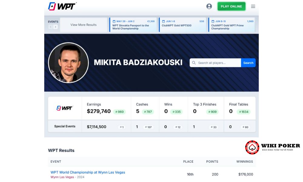 Hồ sơ poker của Mikita Badziakouski tại WPT
