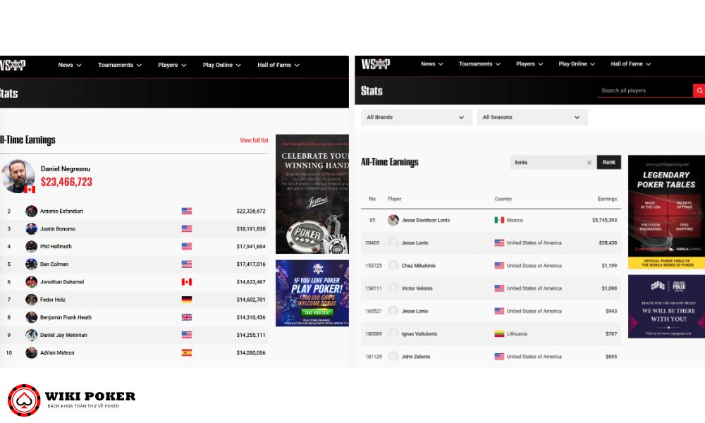 Trang web giúp tìm thông tin của người chơi WSOP